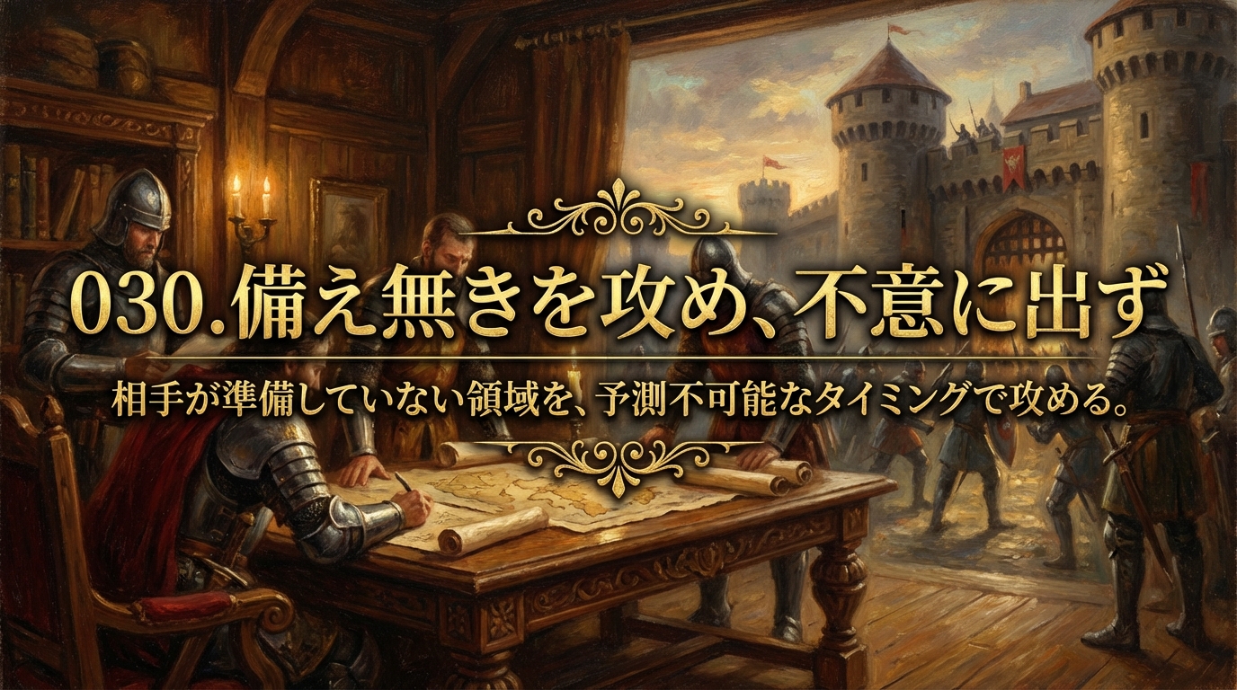 030.備え無きを攻め、不意に出ず:相手が準備していない領域を、予測不可能なタイミングで攻める。その意味と3つの活用法とは?