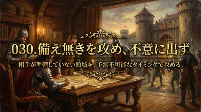 030.備え無きを攻め、不意に出ず：相手が準備していない領域を、予測不可能なタイミングで攻める。その意味と3つの活用法とは？