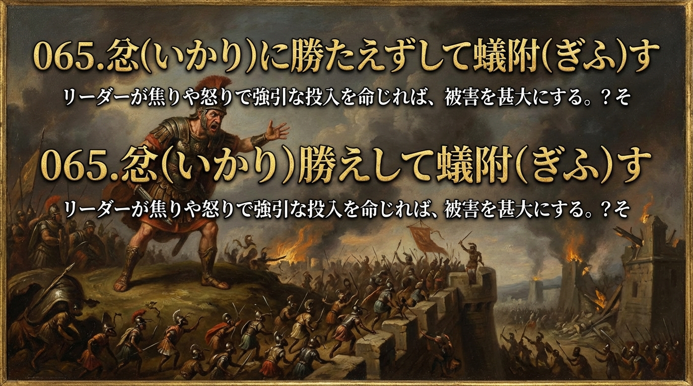 065.忿（いかり）に勝たえずして蟻附（ぎふ）す ：リーダーが焦りや怒りで強引な投入を命じれば、被害を甚大にする。？その意味と現代への3つの教訓
