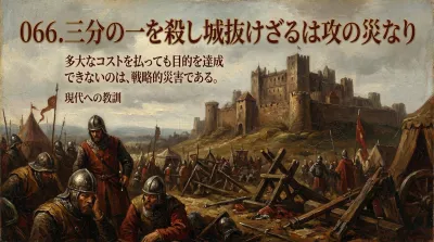 066.三分の一を殺し城抜けざるは攻の災なり ：多大なコストを払っても目的を達成できないのは、戦略的災害である。？現代への教訓