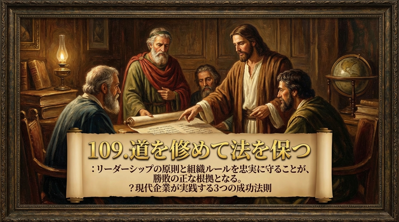 109.道を修めて法を保つ ：リーダーシップの原則と組織ルールを忠実に守ることが、勝敗の正当な根拠となる。？現代企業が実践する3つの成功法則