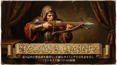 130.弩を彍（ひ）き、機を発する ：張り詰めた緊張感を維持し、正確なタイミングで引き金を引く。？ビジネスで勝つ3つの原則