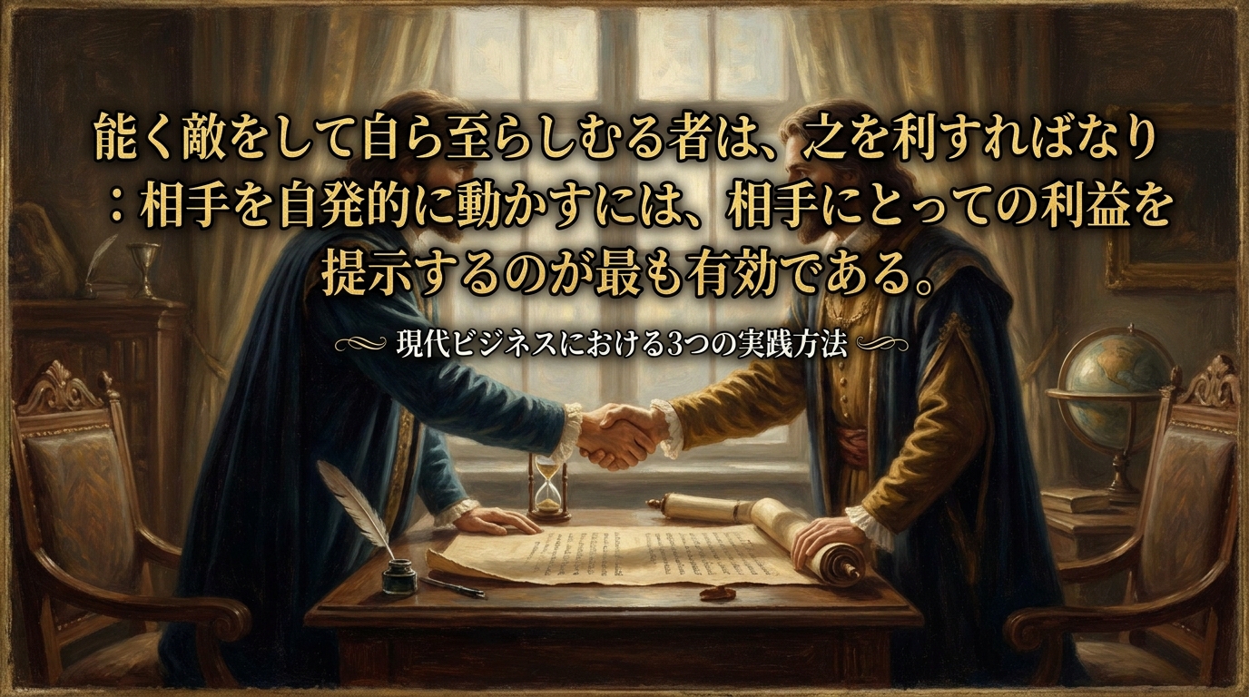 147.能く敵をして自ら至らしむる者は、之を利すればなり :相手を自発的に動かすには、相手にとっての利益を提示するのが最も有効である。?現代ビジネスにおける3つの実践方法