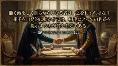 147.能く敵をして自ら至らしむる者は、之を利すればなり ：相手を自発的に動かすには、相手にとっての利益を提示するのが最も有効である。？現代ビジネスにおける3つの実践方法