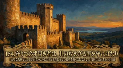 154.守りて必ず固き者は、其の攻めざる所を守ればなり ：完璧な防御とは、相手が攻めようという気すら起きない態勢を敷くことである。？現代に活かす3つの知恵