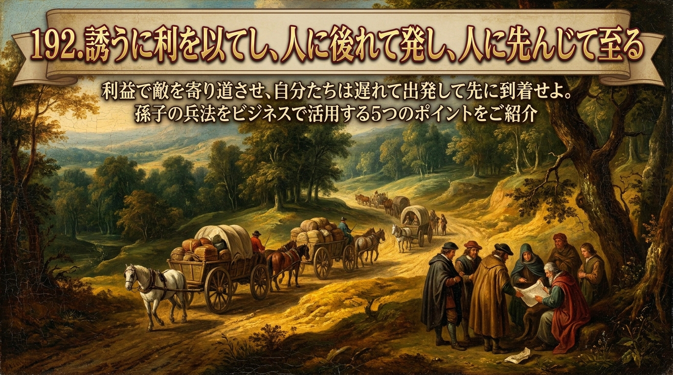 192.誘うに利を以てし、人に後れて発し、人に先んじて至る :利益で敵を寄り道させ、自分たちは遅れて出発して先に到着せよ。?孫子の兵法をビジネスで活用する5つのポイントをご紹介