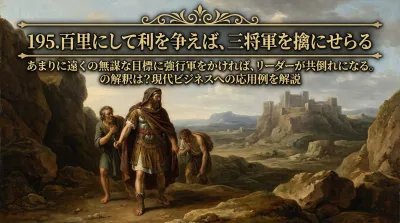 195.百里にして利を争えば、三将軍を擒（とりこ）にせらる ：あまりに遠くの無謀な目標に強行軍をかければ、リーダーが共倒れになる。の解釈は？現代ビジネスへの応用例を解説