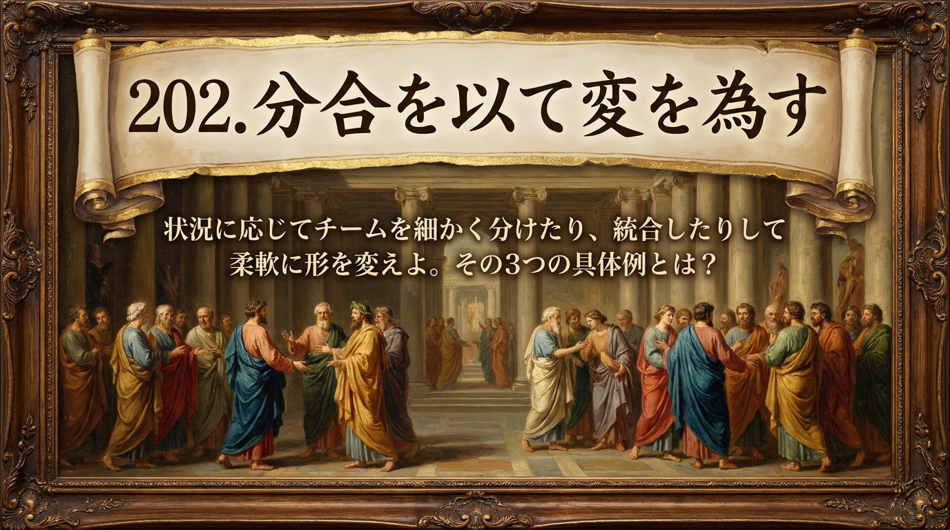 202.分合(ぶんごう)を以て変を為す :状況に応じてチームを細かく分けたり、統合したりして柔軟に形を変えよ。その3つの具体例とは?