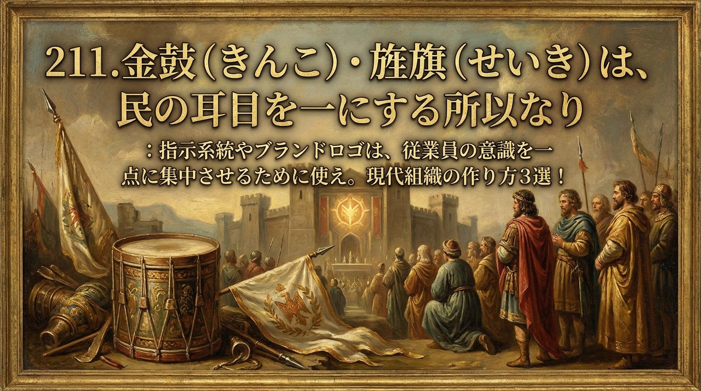 211.金鼓（きんこ）・旌旗（せいき）は、民の耳目を一にする所以なり ：指示系統やブランドロゴは、従業員の意識を一点に集中させるために使え。現代組織の作り方3選！