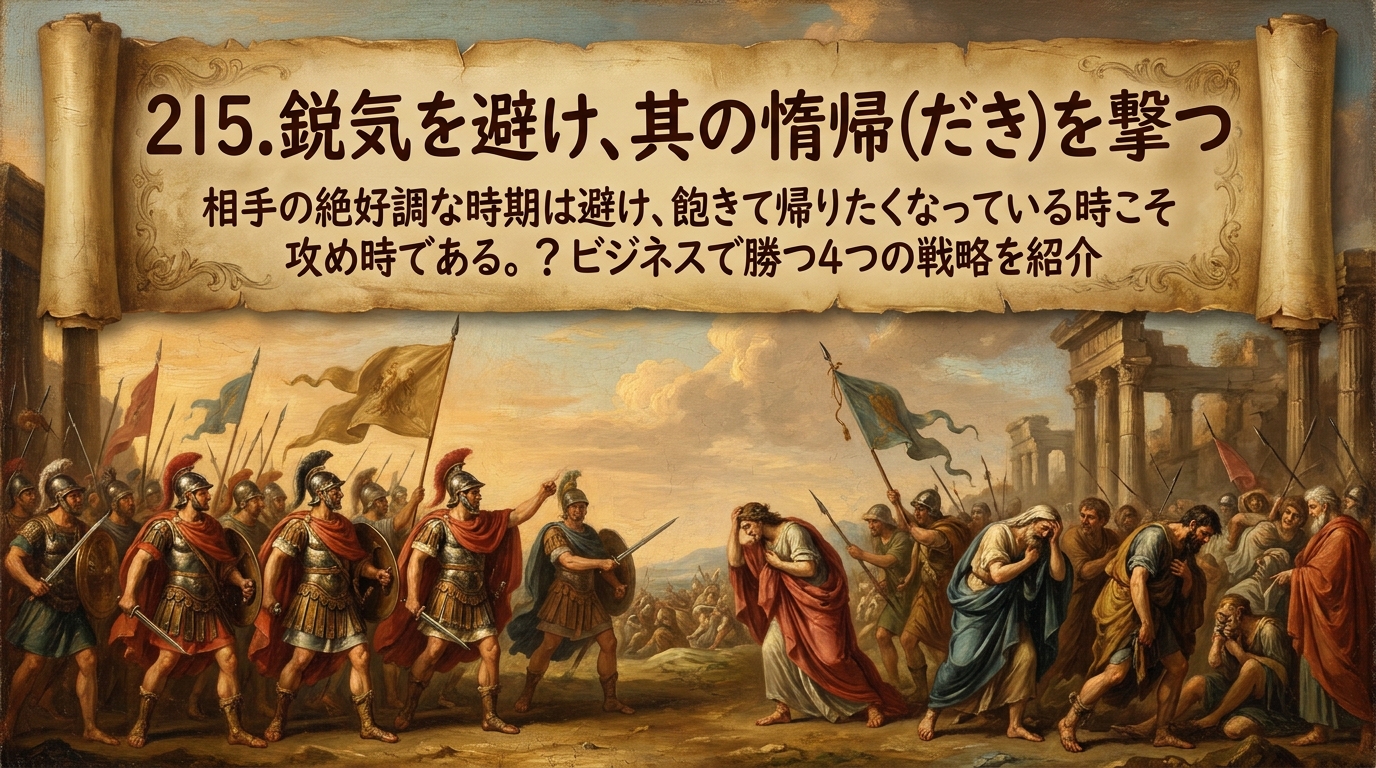 215.鋭気を避け、其の惰帰（だき）を撃つ ：相手の絶好調な時期は避け、飽きて帰りたくなっている時こそ攻め時である。？ビジネスで勝つ4つの戦略を紹介