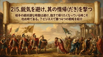 215.鋭気を避け、其の惰帰（だき）を撃つ ：相手の絶好調な時期は避け、飽きて帰りたくなっている時こそ攻め時である。？ビジネスで勝つ4つの戦略を紹介
