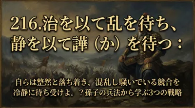 216.治を以て乱を待ち、静を以て譁（か）を待つ ：自らは整然と落ち着き、混乱し騒いでいる競合を冷静に待ち受けよ。？孫子の兵法から学ぶ3つの戦略