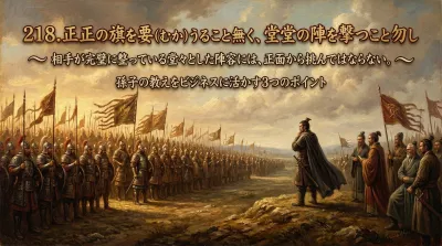 218.正正の旗を要（むか）うること無く、堂堂の陣を撃つこと勿し ：相手が完璧に整っている堂々とした陣容には、正面から挑んではならない。？孫子の教えをビジネスに活かす3つのポイント