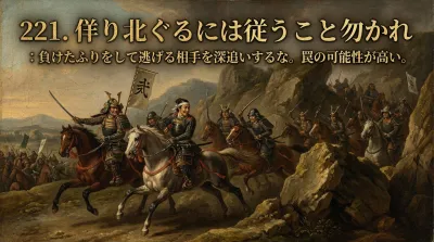 221.佯（いつわ）り北（に）ぐるには従うこと勿かれ ：負けたふりをして逃げる相手を深追いするな。罠の可能性が高い。？現代ビジネスで活用できる3つの教訓をご紹介
