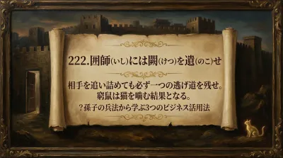 222.囲師（いし）には闕（けつ）を遺（のこ）せ ：相手を追い詰めても必ず一つの逃げ道を残せ。窮鼠は猫を噛む結果となる。？孫子の兵法から学ぶ3つのビジネス活用法