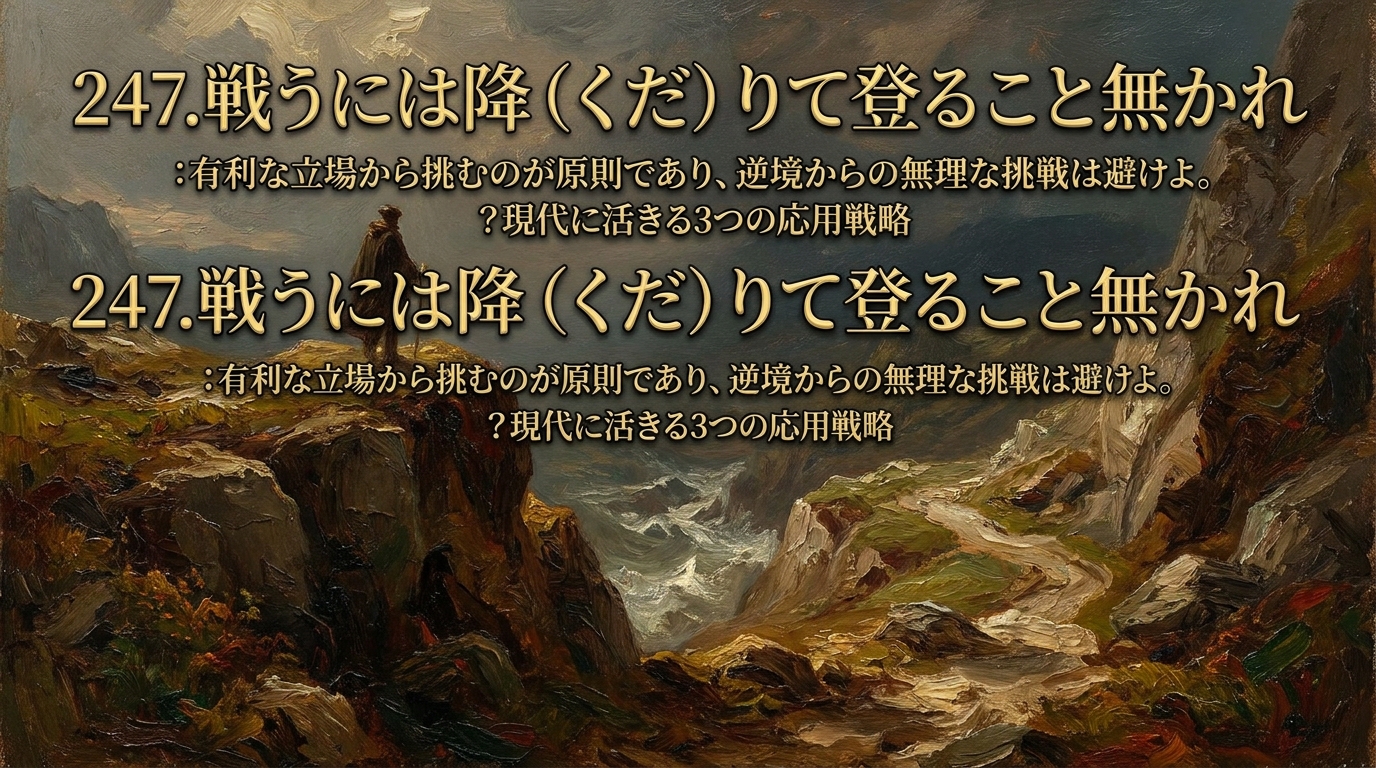 247.戦うには降（くだ）りて登ること無かれ ：有利な立場から挑むのが原則であり、逆境からの無理な挑戦は避けよ。？現代に活きる3つの応用戦略