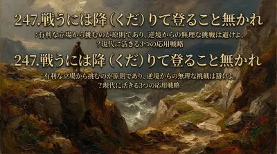 247.戦うには降（くだ）りて登ること無かれ ：有利な立場から挑むのが原則であり、逆境からの無理な挑戦は避けよ。？現代に活きる3つの応用戦略