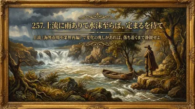 257.上流に雨ありて水沫至らば、定まるを待て ：上流（海外市場や業界再編）で変化の兆しがあれば、落ち着くまで静観せよ。の意味は？ビジネスでの活用法を解説