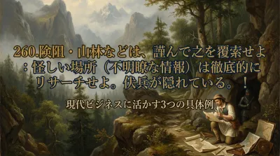 260.険阻・山林などは、謹んで之を覆索せよ ：怪しい場所（不明瞭な情報）は徹底的にリサーチせよ。伏兵が隠れている。！現代ビジネスに活かす3つの具体例