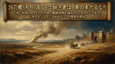267.塵（ちり）高くして鋭き者は、車の来たるなり ：高い砂埃は、スピードの速い機動部隊が接近しているサインである。？現代ビジネスに活かせる3つの解釈を解説
